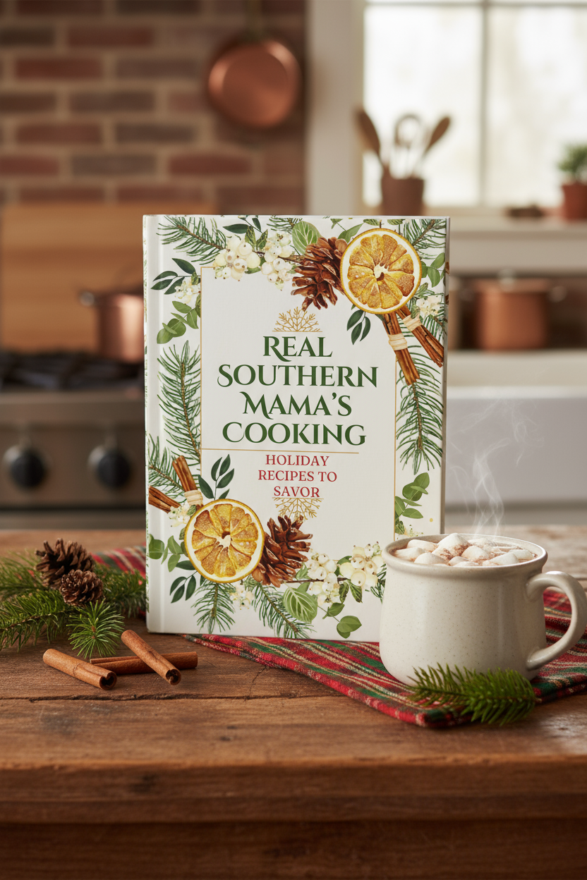Real Southern Mama's Holiday Cookbook in a cozy holiday setting
